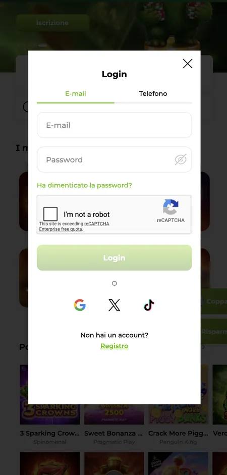 Modulo di login Verde Casino con email e password