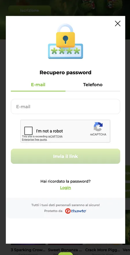 Recupero password Verde Casino - inserimento email e reCAPTCHA