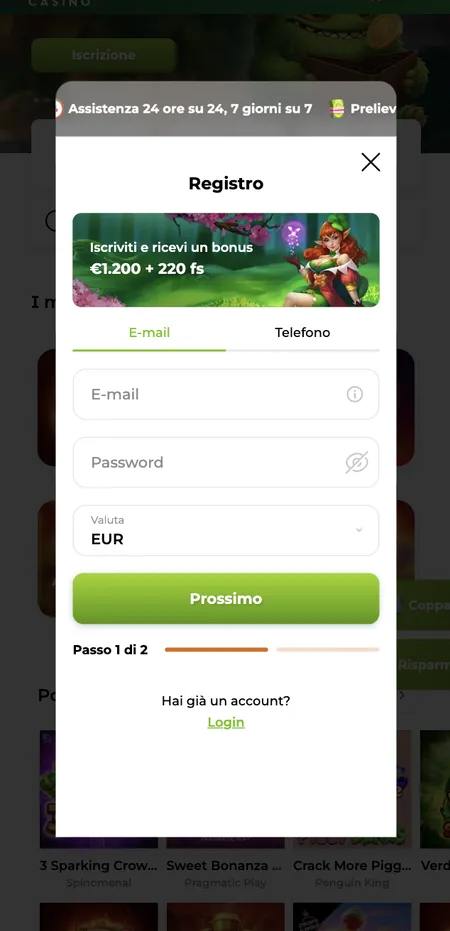 Modulo di registrazione Verde Casino passo 1 con campo email e valuta EUR